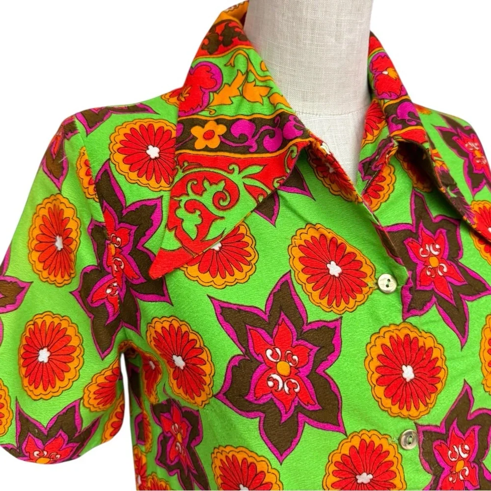 Vintage 1960s Mod Psychedelic Neon Green Floral Pattern Mod Shirt Dress S/M - Picture 7 of 14